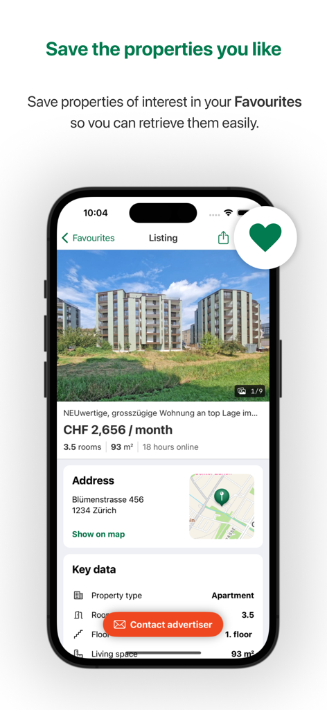 Ein Immobilienangebot für eine Wohnung in Zürich in der Comparis Immobilien Swiss App mit einem Herzsymbol zum Speichern in den Favoriten.