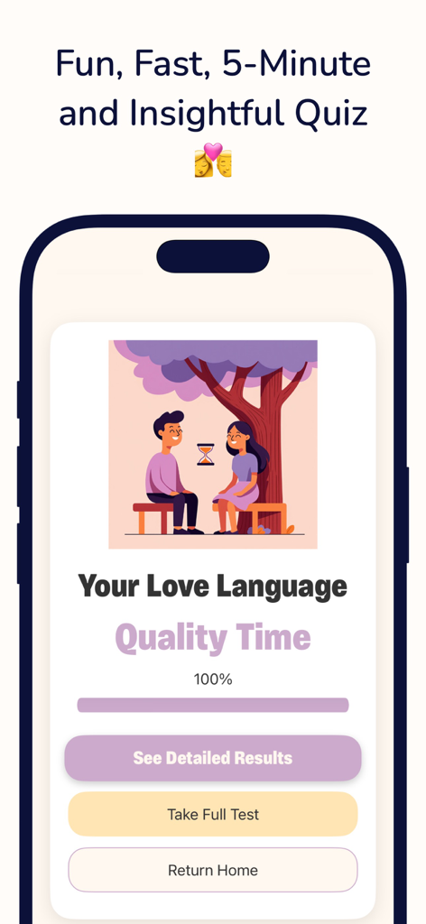 Pantalla de resultados de la App de Prueba de Lenguajes del Amor que muestra el Tiempo de Calidad como resultado principal