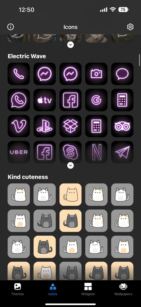 App Themes: Icon Widgets Kit - 앱 테마 앱의 인터페이스로 네온 보라색 전기 파동 아이콘과 귀여운 고양이 테마 아이콘 컬렉션을 보여줍니다.