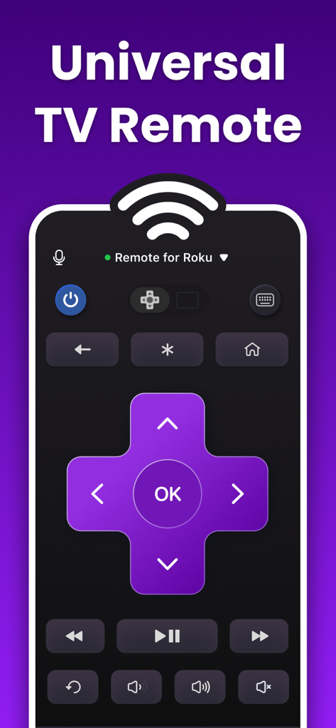 Interfaz de la aplicación de control remoto universal para el control de Roku en un smartphone.