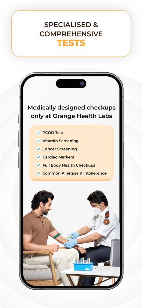Orange Health Labs: Blood Test - Orange Health Labs app interface showcasing a list of specialized medical checkups and a professional collecting a blood sample at home.