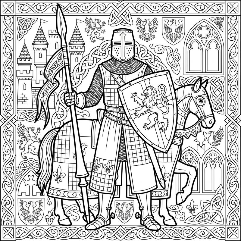 Step into a world of chivalry and valor with this magnificent High Medieval Knight coloring page. Adorn a valiant knight and his trusty steed with vibrant colors, bringing history to life with every stroke.