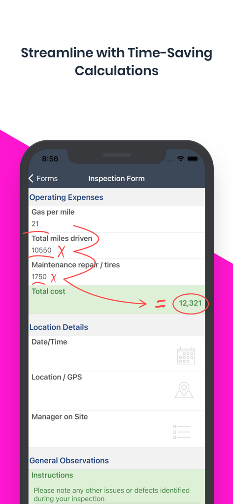 FastField Mobile Forms - A mobile inspection form in the FastField app showing automated expense calculations for total cost.