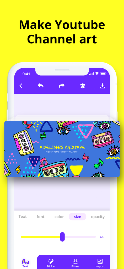 Thumbnail Maker: YT Banner Art - A mobile interface for creating YouTube channel art with a retro cassette tape design and editing tools