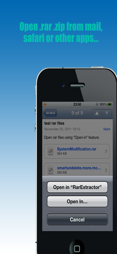 RarExtractor - Extract RAR,ZIP - A mobile interface showing the option to open RAR and ZIP files from an email attachment using RarExtractor