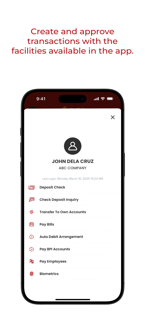 BPI BizLink - BPI BizLink app menu for business banking showing transaction options including check deposit and employee payments