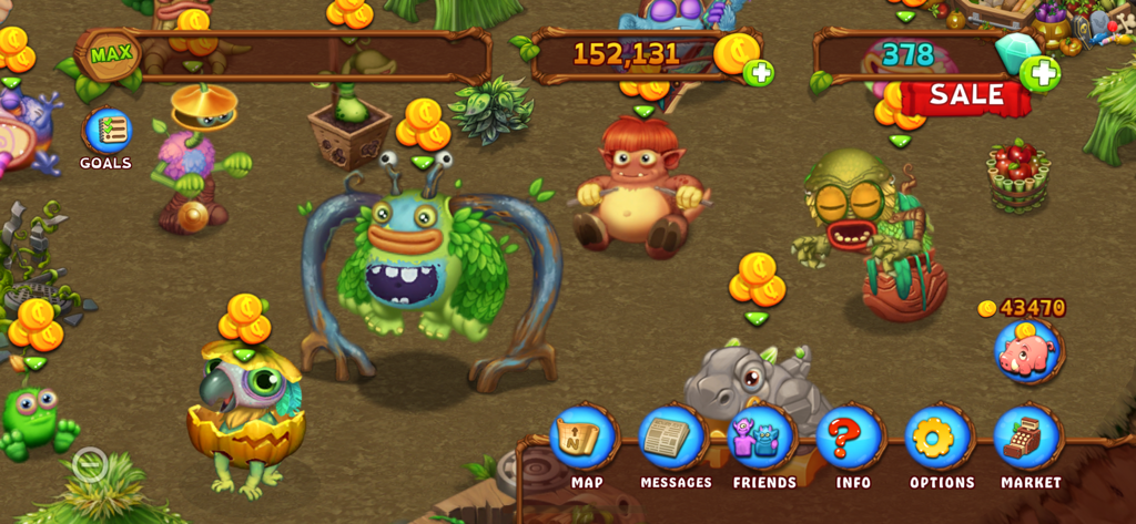 Gameplay screenshot of My Singing Monsters Dawn of Fire showing various colorful monsters on an island with the game user interface.
