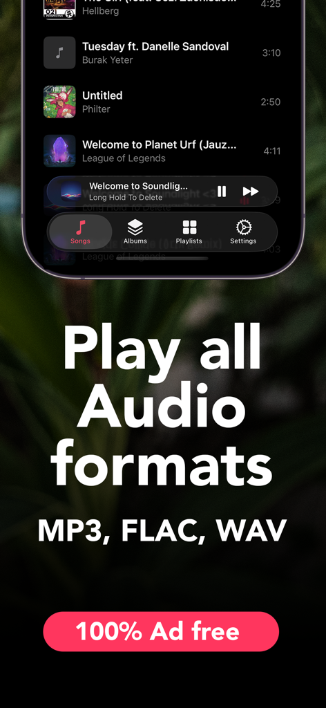 Flac Music Player: Soundlight - Soundlight app interface displaying support for MP3, FLAC, and WAV audio formats with ad-free playback.