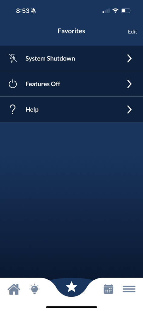 OmniLogic - OmniLogic pool control app favorites menu with options for system shutdown and features off