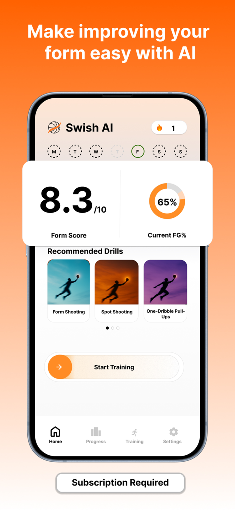Swish AI - Swish AI app dashboard showing basketball shooting form score and recommended drills