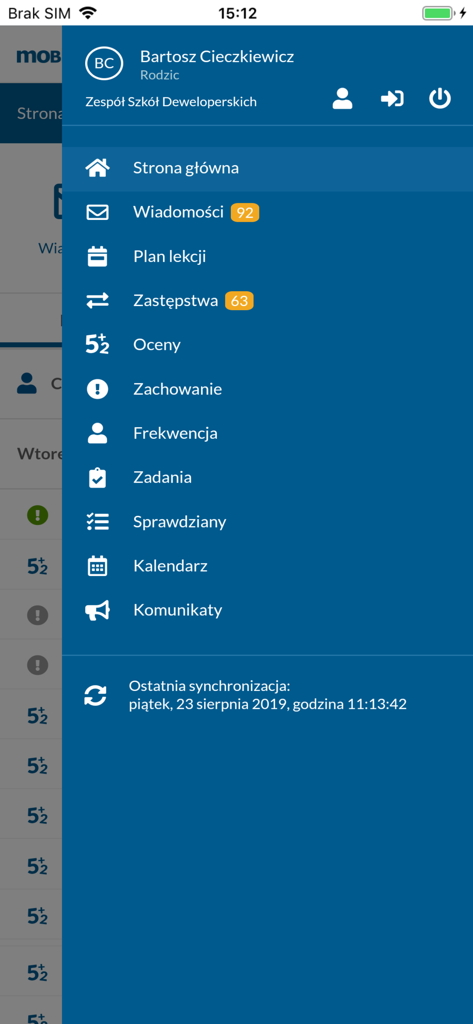 mobiDziennik - Main sidebar menu of the mobiDziennik app showing navigation options for parents and students