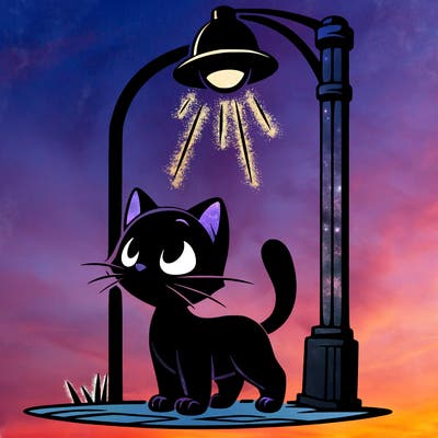 small black cat under a street lamp in pixar studio style