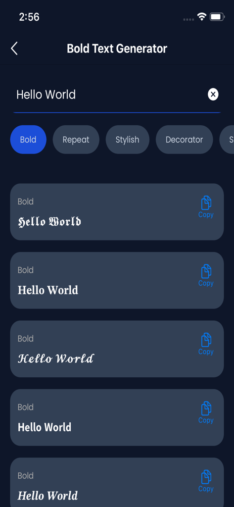 Stylish Text Generator App - Interface of the Stylish Text Generator app showing various bold and gothic font styles for the text Hello World.