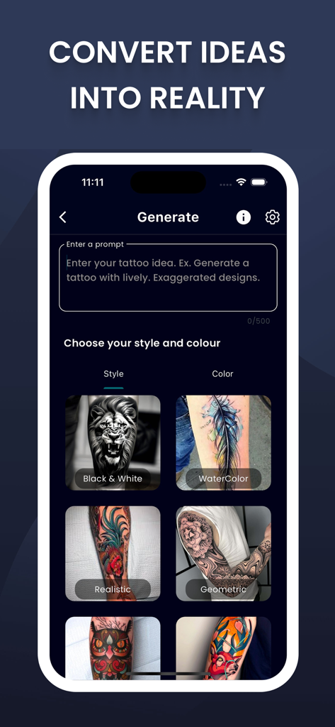 AI Tattoo Generator, Designs - AI Tattoo Generator app interface showing tattoo style options and prompt box
