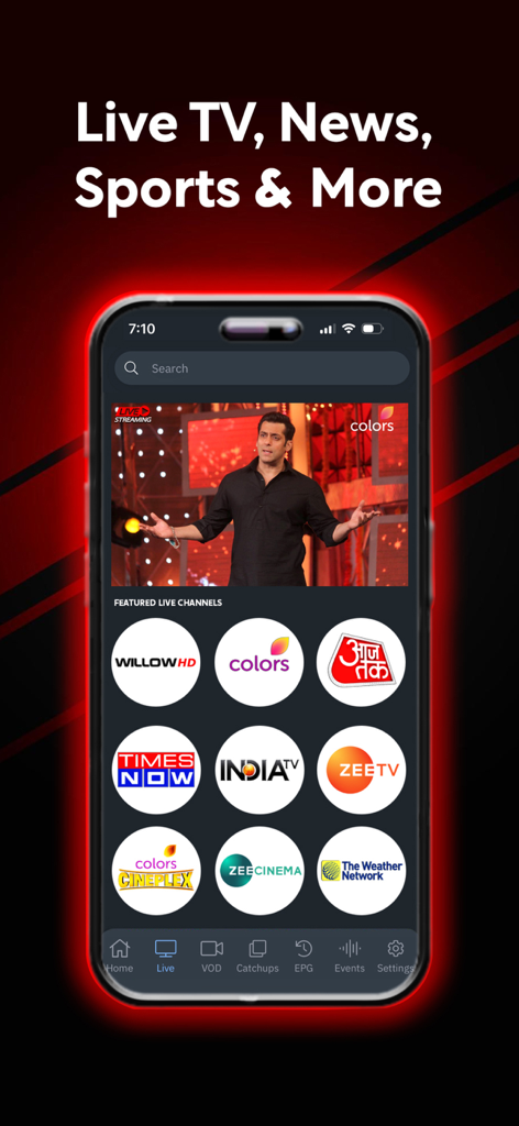 KaroStream - KaroStream mobile app interface showing featured live South Asian TV channels like Zee TV and Colors