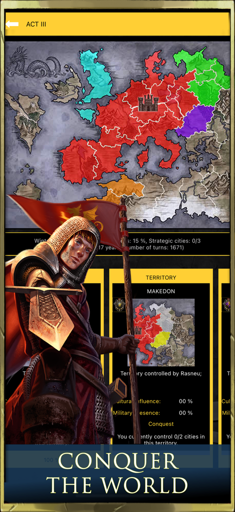 Age of Dynasties: Crusader War - A medieval world map from Age of Dynasties Crusader War featuring a knight and a territory management interface.