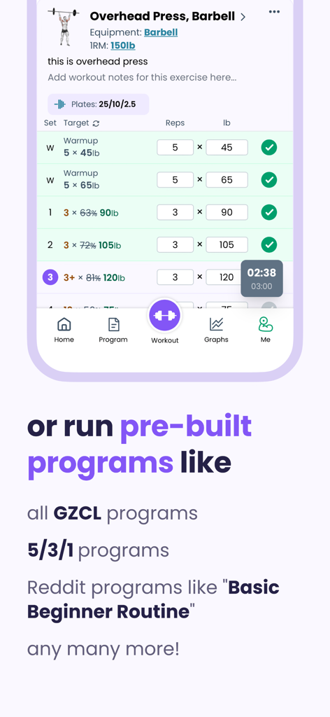 Liftosaur: Scriptable Workouts - Liftosaur app interface displaying a barbell overhead press workout log with pre-built program options