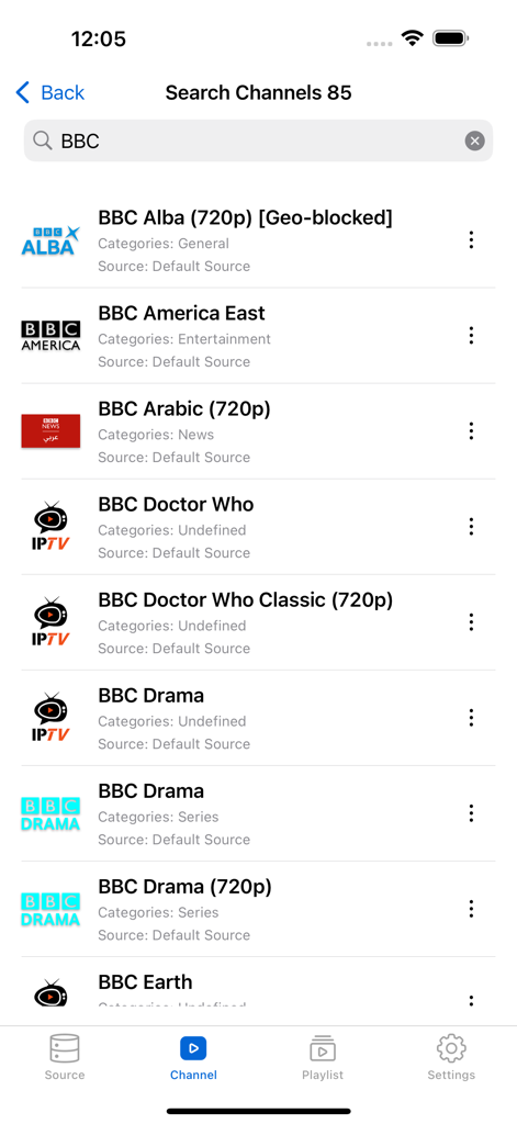 IPTV Cast - Search results for BBC channels in the IPTV Cast mobile application
