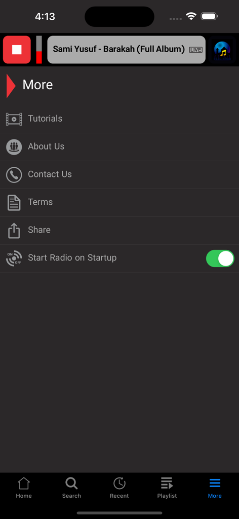 Islamic Music Radio Network - The more settings menu of the Islamic Music Radio app featuring a live stream player for Sami Yusuf