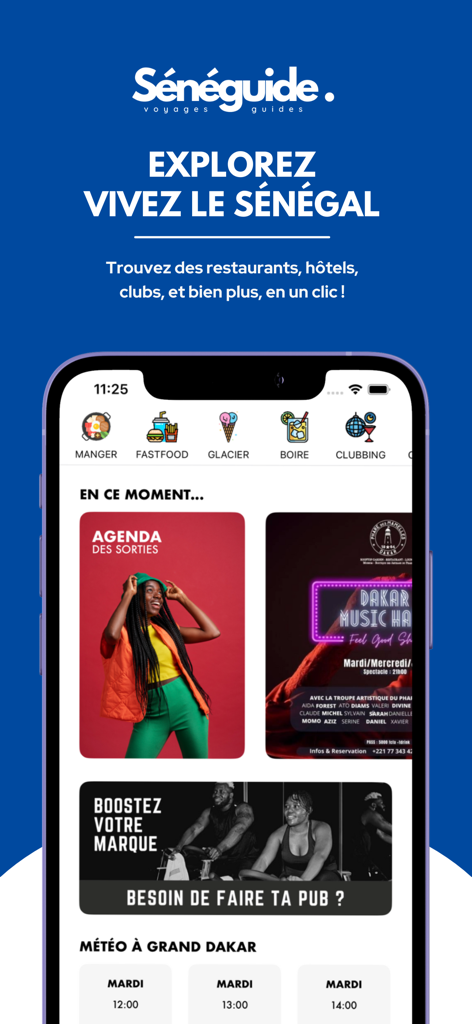 Pantalla de inicio de la aplicación móvil SeneGuide mostrando categorías de restaurantes y eventos en Senegal