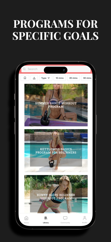 ZGYM - Screen showing ZGYM app library with workout programs for specific fitness goals