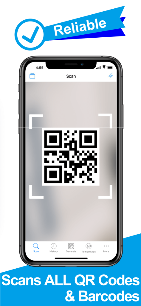 Smartphone screen showing the QR code scanner app scanning a QR code with a reliable banner.