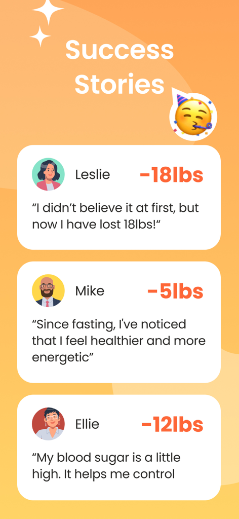 User testimonials showing weight loss and health results from the Fasting App.