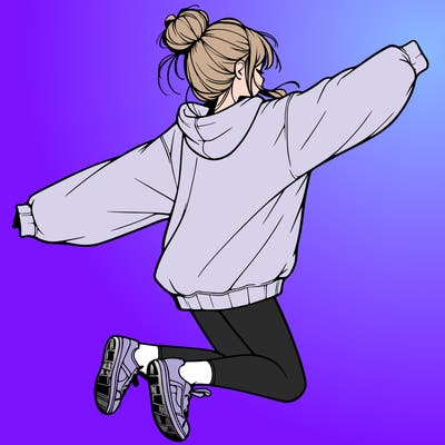 realistic girl jumping with a bun and oversized sweatshirt