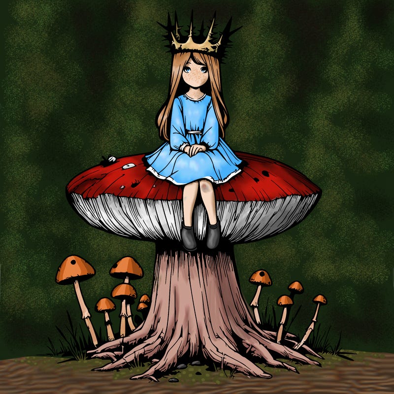 realistic girl sitting on a huge tree stump size toadstool with thorn crown