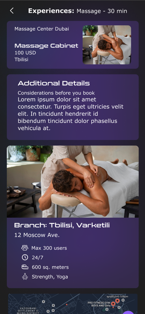 The booking details screen of the Infinito Experiences app showing a 30-minute massage service with price and location information.