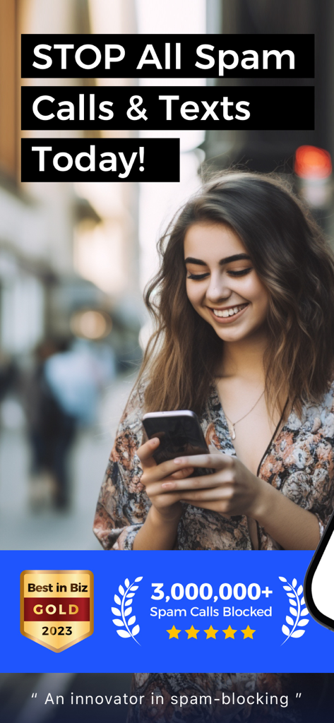 A woman smiling at her phone with text about stopping spam calls and texts and a Best in Biz award badge.