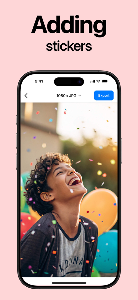 AI Background Removerㅤ - Interface de aplicativo móvel do Removedor de Fundo IA mostrando a foto de uma criança rindo com confetes e a opção de adicionar adesivos.