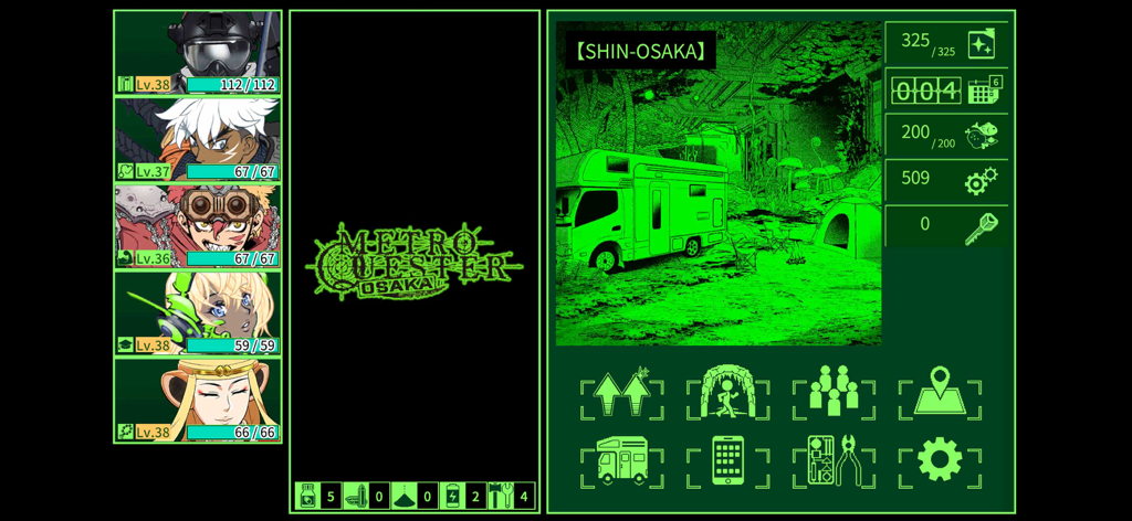 METRO QUESTER | OSAKA - Retro green monochrome interface of METRO QUESTER OSAKA showing character stats and a post-apocalyptic campsite in Shin-Osaka