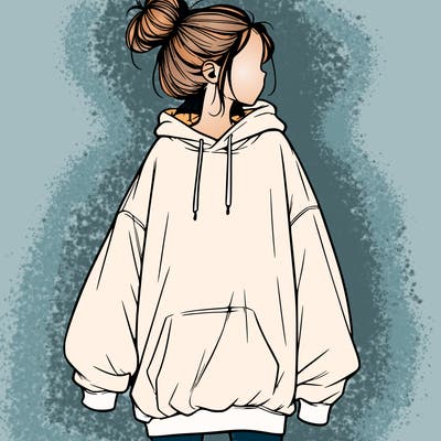 realistic girl with a oversized sweatshirt on and a bun