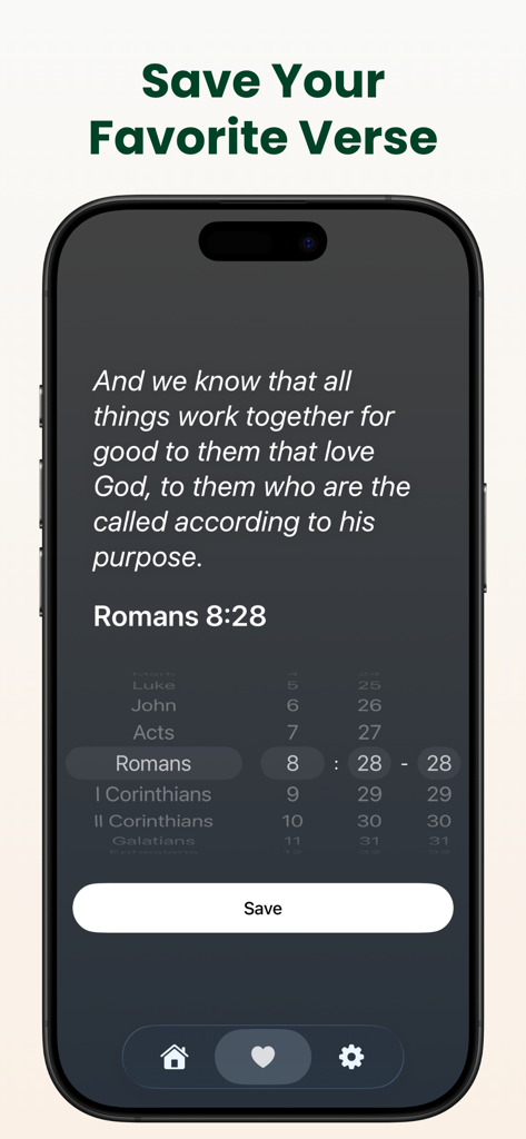 Interfaccia dell'app Widget Versetti Biblici Giornalieri che mostra la selezione e il salvataggio di Romani 8:28 come scrittura preferita