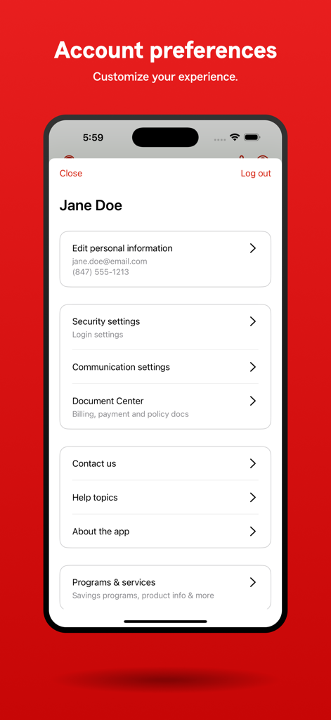State Farm® - Screenshot of the State Farm app account preferences screen showing personal information security settings and help topics