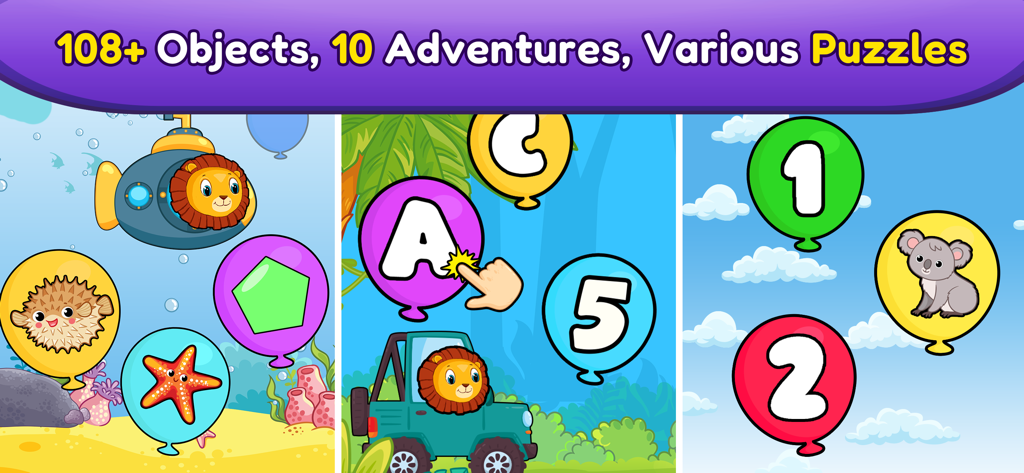Balloon Pop Toddler Baby Game - Educational balloon popping game scenes for toddlers featuring letters numbers and animals in various environments