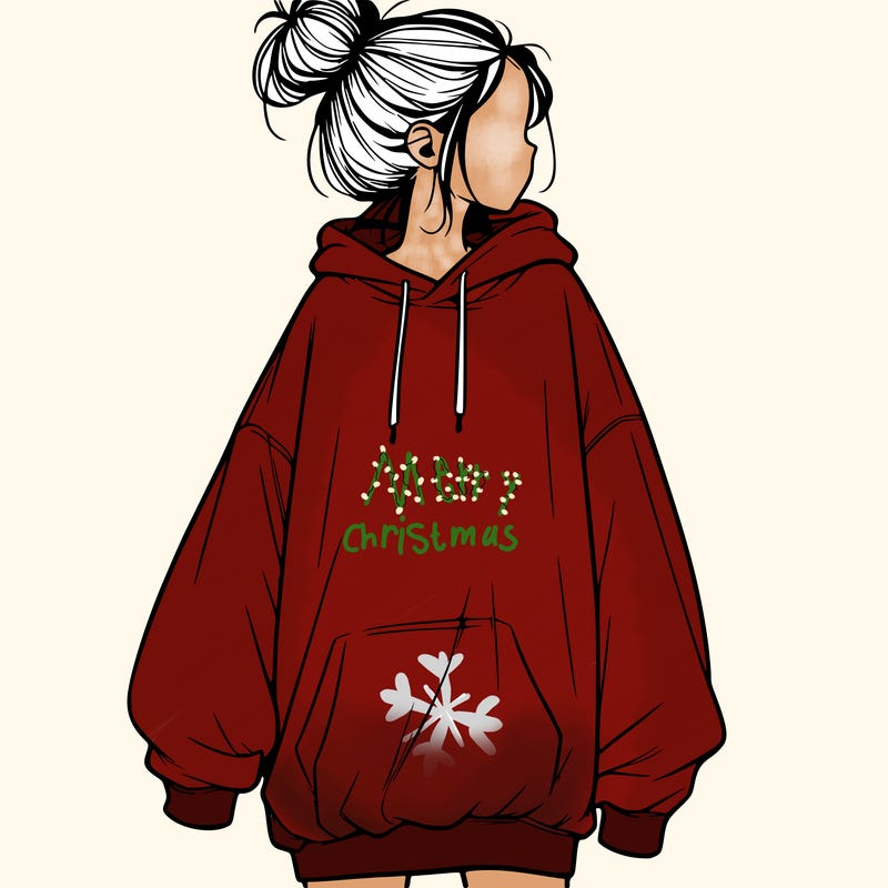 realistic girl with a oversized sweatshirt on and a bun
