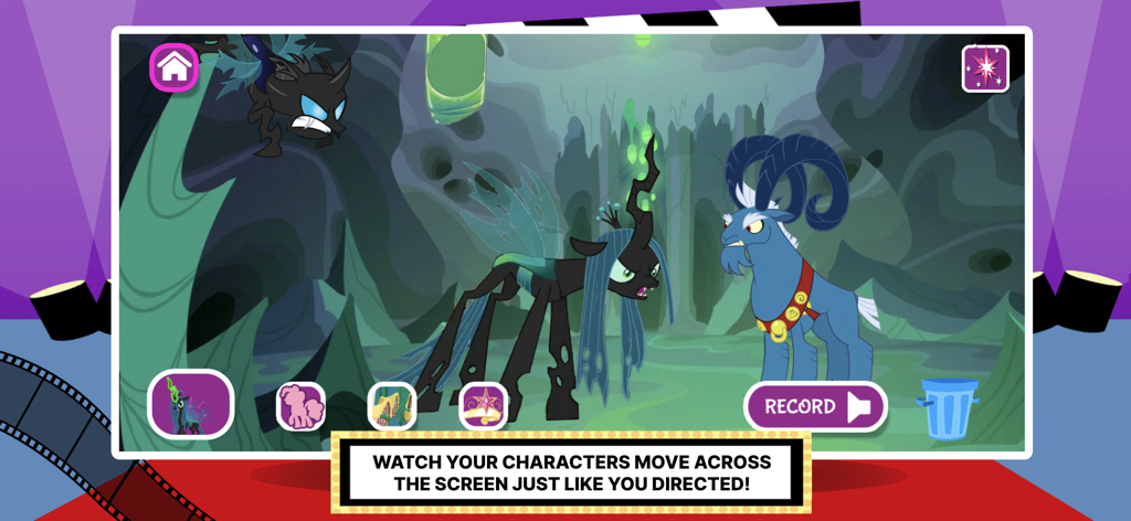 My Little Pony: Story Creator - 퀸 크리살리스와 티렉 경이 등장하는 마이 리틀 포니 스토리 크리에이터의 애니메이션 장면.