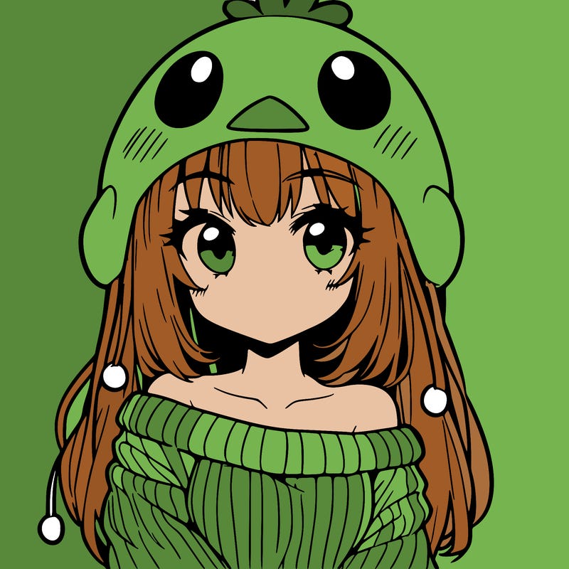 anime girl with chick shaped hat with sweater with bare shoulders with bangs covering them one eye with low tail