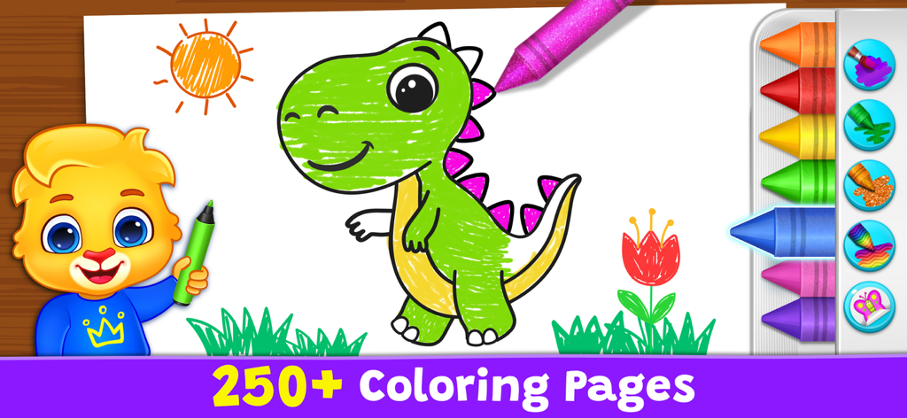 子供のお絵かきアプリのインターフェースで、ピンクのキラキラクレヨンで緑の恐竜に色を塗っている若いカートゥーンキャラクター。