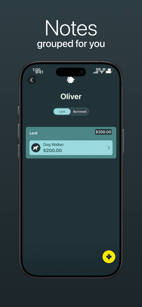 owed + - L'interfaccia dell'app Owed plus che mostra una nota raggruppata per denaro prestato a un contatto per un dog sitter