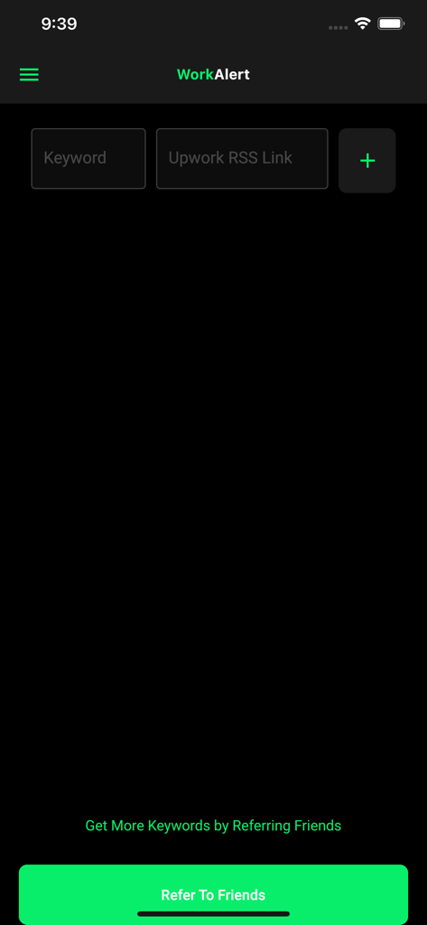 WorkAlert for Upwork - Interface do aplicativo WorkAlert para Upwork mostrando a tela de configuração para adicionar palavras-chave e links RSS do Upwork para receber notificações de empregos.