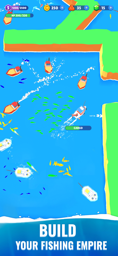 Idle Fish 2: Fishing Tycoon - Top down view of multiple fishing boats catching schools of fish in Idle Fish 2