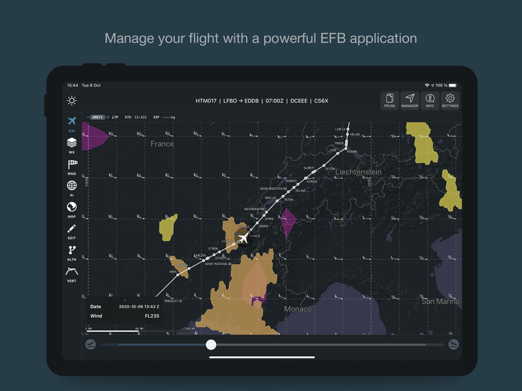 Guidor Skyconseil EFB navigation interface showing a flight path and weather data on an iPad