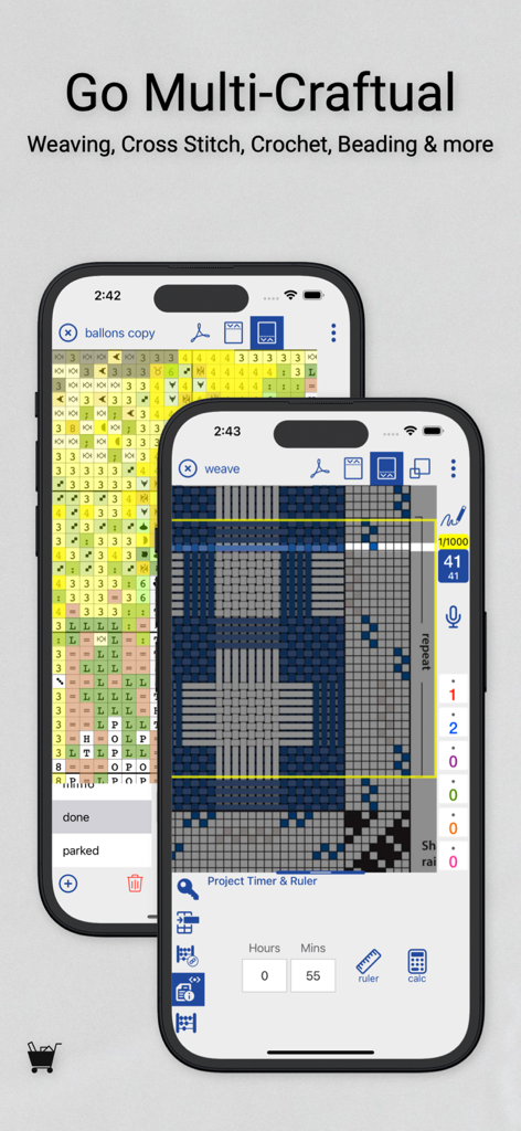 L'app knitCompanion visualizzata su due telefoni cellulari che mostra il tracciamento di schemi per tessitura e punto croce