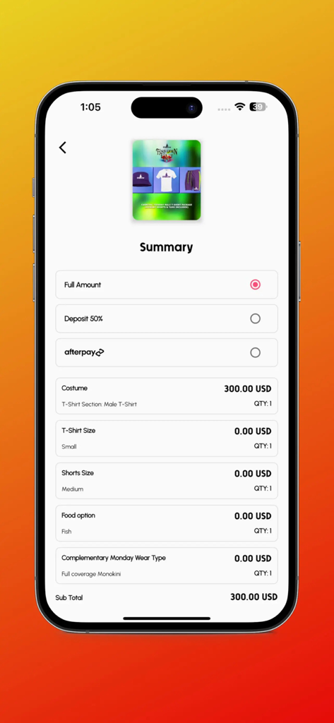 Carnivalist - Order summary screen in the Carnivalist app showing costume details and payment options for a festival package
