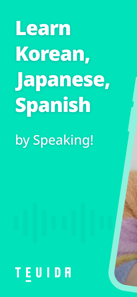 Teuida: Learn Languages - Teuida app banner promoting language learning for Korean Japanese and Spanish through speaking