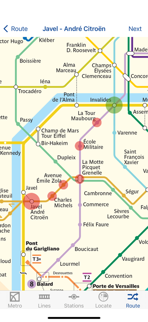 Interactive Paris Metro map showing a planned travel route with highlighted stations and line connections