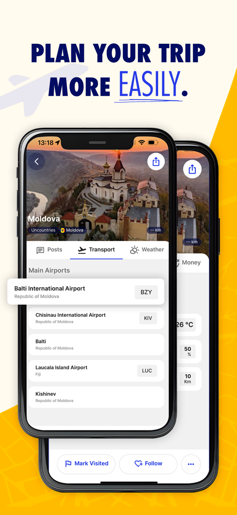 MTP: Most Traveled People - Interfaz de la aplicación MTP que muestra una lista de aeropuertos internacionales en Moldavia para planificar viajes.